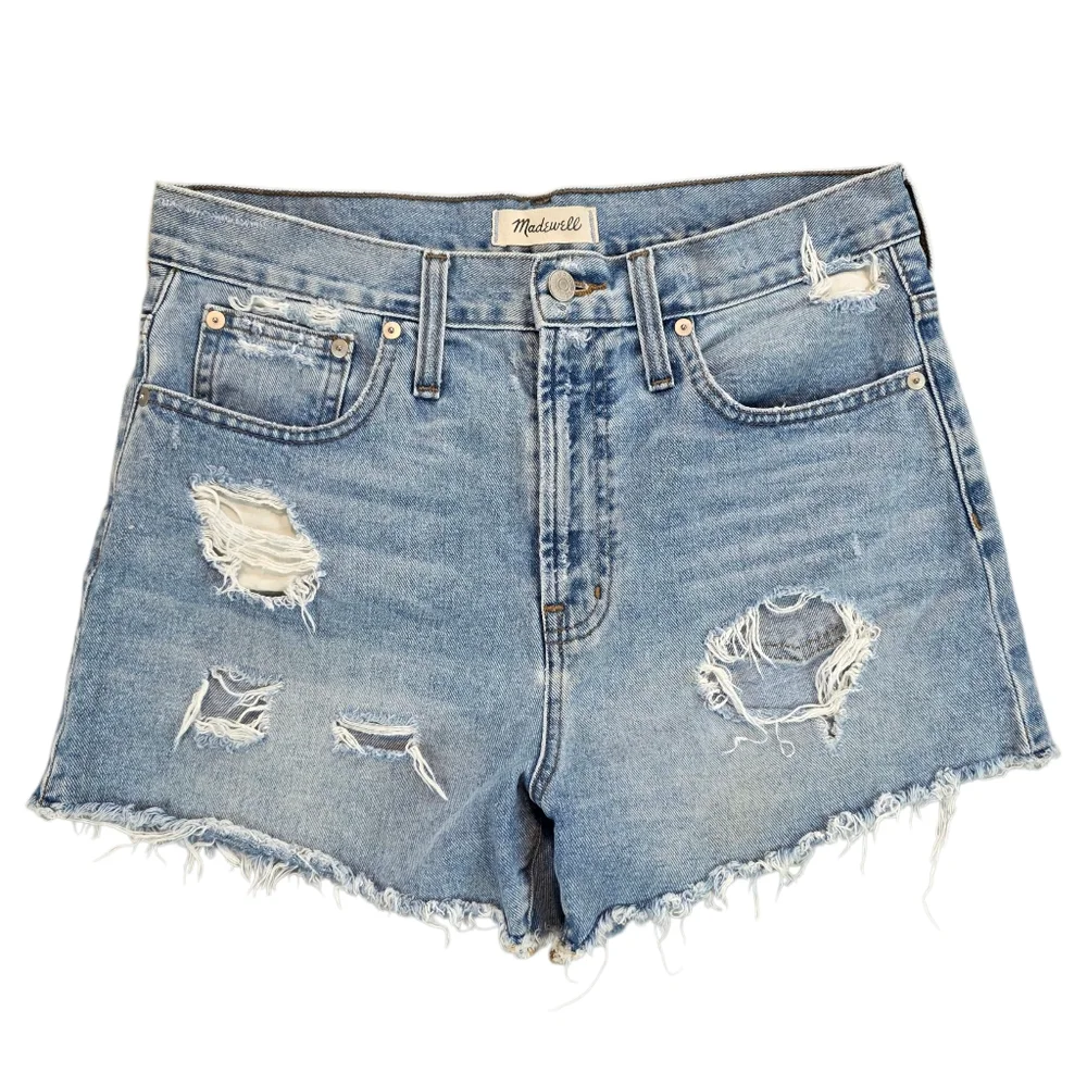 Madewell Perfect Jean Short Distressed Denim Jean Shorts Mid Wash‎ Fray Hem 27